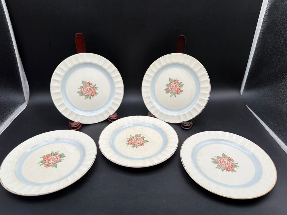 Vtg Cronin China Peony Camellia Soup Bowls Set 4 Blue Band Gold Trim 7.75"